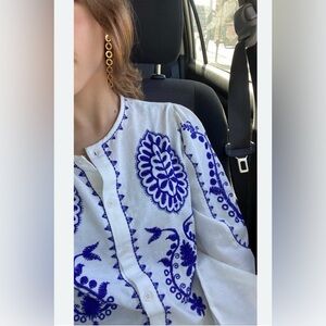 Zara White Blouse with Blue Embroidery
